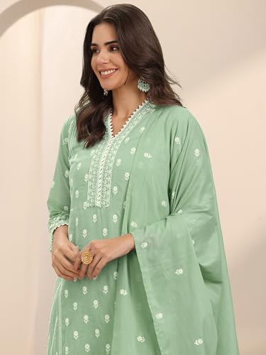 Image of Libas Embroidered Cotton Straight Kurta With Trouser and Dupatta