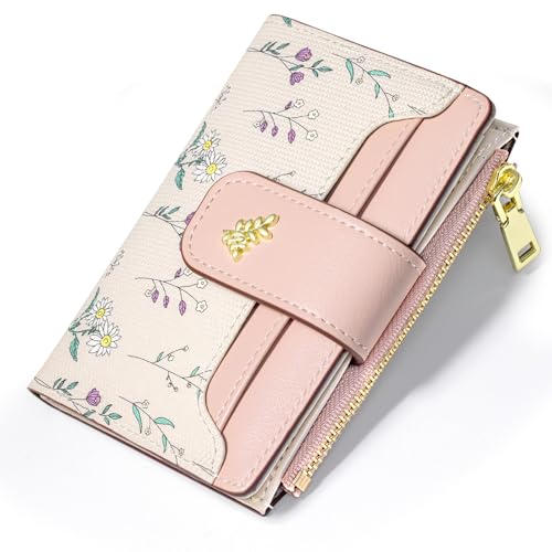 Image of YINHEXI Women's Wallet, Compact and Small Bifold PU Leather Card Holder, Mini Purse with Coin Pocket for Ladies, Girls (Floral Pink)