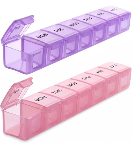 Image of BUG HULL Weekly Pill Organizer Large 2 Packs, Extra Large Travel Pill Organizers, Pill Box 7 Day, Travel Pill Case, Medicine Pill Organizer for Medications (Lavender+ Pink)