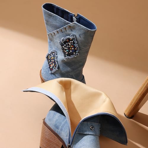 Denim Cowboy Boots for Women Western Boot Chunky Heels Wide Calf Cowgirl Mid Calf Boots 5