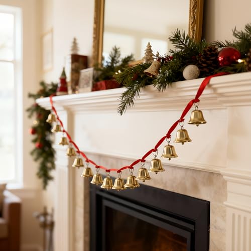 Solsew 1 Pcs Bells Garland with 15 Gold Bells 6.5ft Red Velvet Ribbon Garland Rustic Vintage Jingle Ornaments for Tree Fireplace Wedding Mantle Indoor Decor