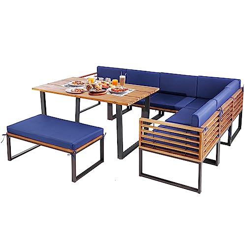 Tangkula Patio Dining Set for 8, Acacia Wood Heavy Duty L Shaped Outdoor Sectional...