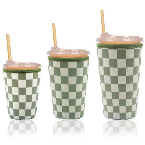 Image of Reusable Insulated Neoprene Iced Coffee Cup Sleeve, Durable Drink Sleeve for Cold Beverages, Beverage Holder for Iced Coffee (Olive Checkers)