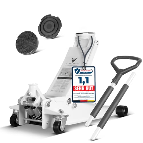 STAHLWERK Hydraulischer Wagenheber mit 3 t Tragkraft - extra flach, 73-500 mm Hubbereich, gummierte Rollen, Doppelhubkolben, Rangierwagenheber, Hydraulik-Wagenheber, weißer Autoheber (WHW-73 ST)