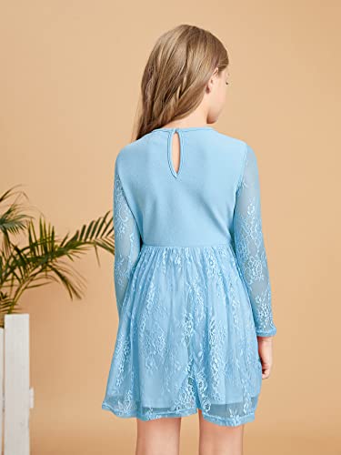 WDIRARA Girl's Floral Lace Panel Long Mesh Sleeve Round Neck Keyhole Back Formal Flared A Line Short Dress2