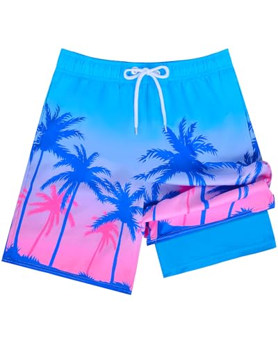 Resiprolty Boys Swim Trunks Size 10-12 with Compression Liner Boy Swim Shorts Quick Dry Boys Bathing Suit Swimsuit Swimwear Kids Beach Board Shorts Athletic Running Swimmming Trunks Coconut Tree