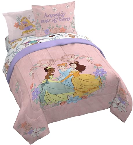 Image of Disney Princess Queen Comforter Set 7 Piece Kids Bedding for Girls, Pink | Cinderella Rapunzel Belle, Bed in a Bag, Comforter Sheets Shams Pillowcases, Soft Microfiber, Machine Washable, Girls Gift