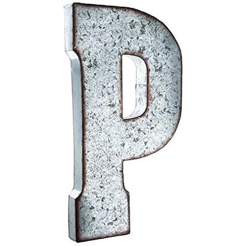 20" Metal Letter "P" Wall Decor, Silver with Rusted Edges, Galvanized Wall Mountable Decoration for Country, Mid-Century, or Farmhouse Themed Room or Event - SciencePurchase