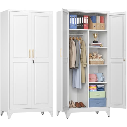 71" White Metal Wardrobe Closet with Lock, Tall Storage Cabinet with Hanging Rod & 3 Adjustable Shelves, Heavy Duty Steel Armoire for Bedroom, Laundry, Home Office, Minimalist Design