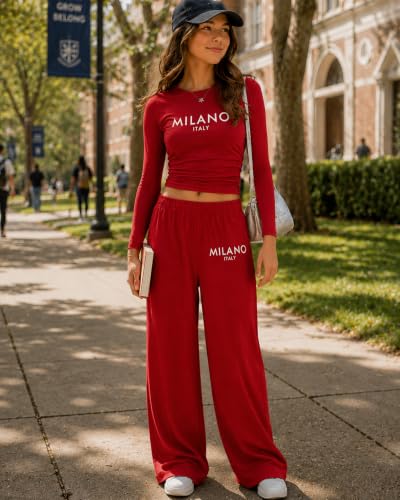 Image of OLMRJKD Girls 2 Piece Outfits Long Sleeve Letter Printed Sweatshirt & Wide Leg Pants Fall Clothing Set Size 7-16 Years