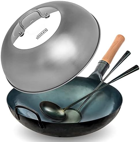 YOSUKATA Carbon Steel Flat Bottom Wok Pan - 13.5" + Wok Lid 12.8 Inch - Cover with Tempered Glass Insert Steam Holes + Blue Carbon Steel 17-inch Spatula, Ladle, 3 pairs Chopsticks - Thumbnail 3