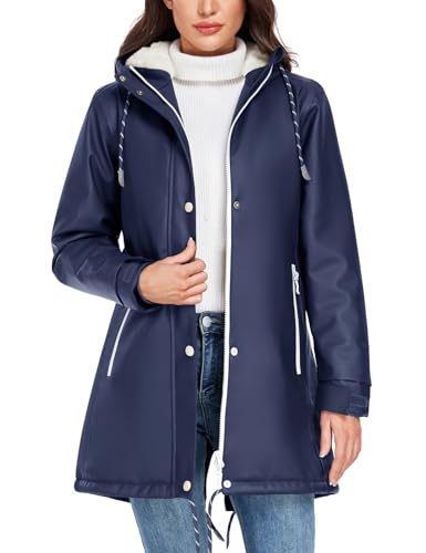 Vancavoo Veste Imperméable Femme Capuche Manteau de Pluie Longue Parka Coupe Vent Vêtements d'Extérieur pour Camping Randonnée,Bleu marine,M