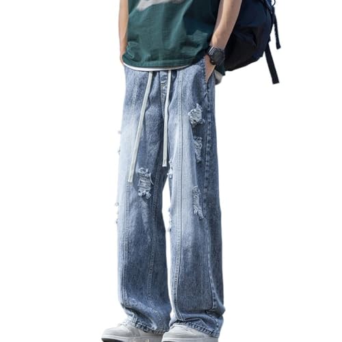 Men's Straight Leg Denim Pants Comfort Distressed Elastic Waist Regular Fit Baggy Jeans