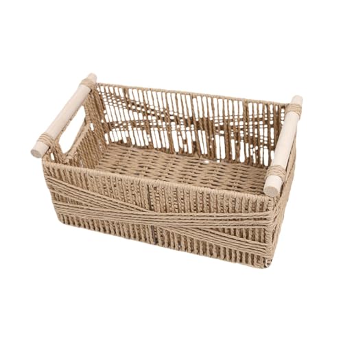 Bothyi Cabinet Organizer Bin Toilet Paper Basket Countertop with Wooden Handle Storage Basket Paper Rope Basket for Cosmetics Fruits, S