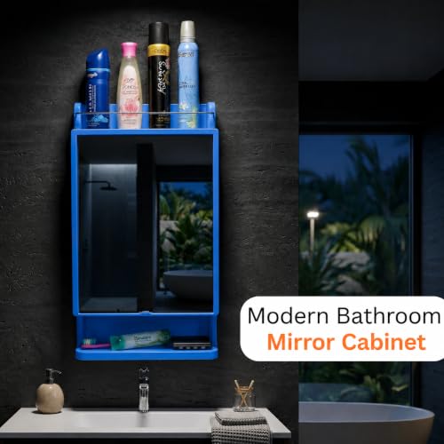 Image of CIPLA PLAST Rich Look Plastic Wall-Mounted Bathroom Mirror Cabinet with Storage Shelves, Single Door, Bathroom Mirror Cabinet with Towel Holder | (Blue)