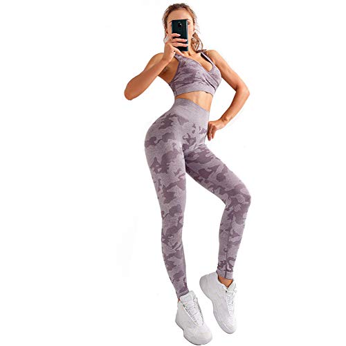 BIGFIRSE Womens Yoga Outfits 2 Piece Set High Waist Leggings and Sports Bra Fitness Workout Gym Clothing (Large, Camo Purple)