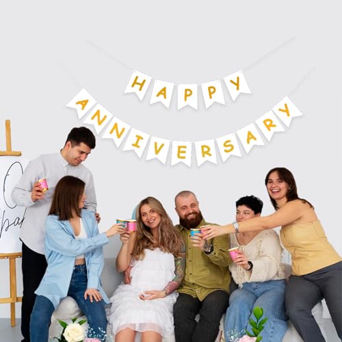 Image of White Happy Anniversary Banner, Party Supplies for Wedding Birthday Party Ceremony Decoration
