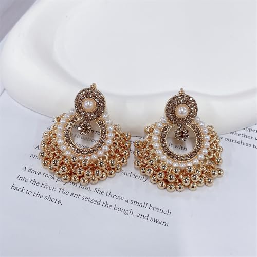 Vintage Round CZ Pearl Beaded Tassel Statement Dangle Drop Earrings for Women Gold Plated Boho Crstyal Beaded Chandelier Dangling Stud Indian Jhumka Festival Jewelry for Her3