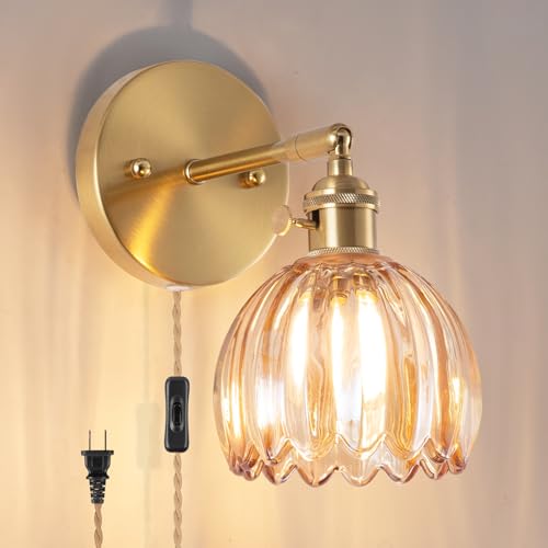 Image of Plug-in Wall Sconce, Vintage Wall Decorative Lamp with Amber Glass Shade, Indoor Plug-in Wall Sconce for Bedroom, Living Room, Hallway