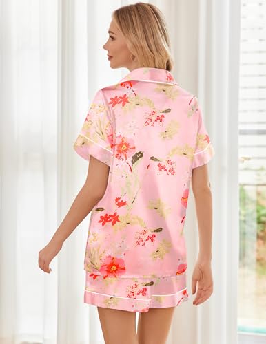 Image of Ekouaer Womens Silk Satin Pajama Sets Soft Short Sleeve Button Down Sleepwear Top and Shorts 2 Piece Pjs Lounge Set
