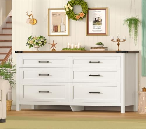 Image of TEENFON 47.2 inch Dresser for Bedroom, White 6 Drawer Dresser with Metal Handles, Wood Dressers & Chests of Drawers for Closet, Farmhouse Dressers for Bedroom, Entryway, White