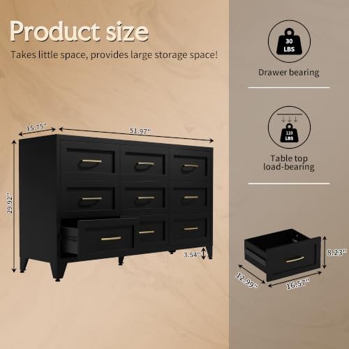 Image of Metal Dresser, 9 Drawer Chest of Drawers for Bedroom, Black