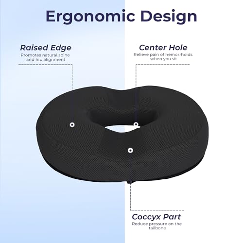 Image of Billebon Orthopedic Memory Foam Donut Pillow for Tailbone Pain| Coccyx Seat Cushion for Piles & Hemorrhoids| Sciatica| Prostate| Post-Natal| Pregnancy Pain Relief| Breathable Mesh Cover - Black