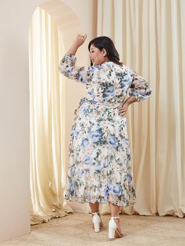Image of Miss Chase A+ Women's V-Neck Three-Quarter Sleeve Floral Wrap Chiffon Midi Dress