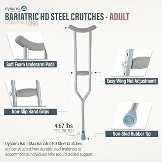 Dynarex Bariatric HD Steel Adult Crutches - Extra Heavy Duty Bariatric Crutches with Underarm Pads, Adjustable Hand Grips, Anti-Slip Tips - 1000lbs Capacity, 1 Pair