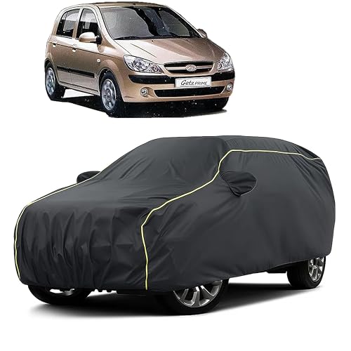 Image of Sulfar 100% Water Resistant Car Body Cover Compatible with Mirror for Hyundai Getz Prime (Triple Stitched, Full Bottom Elastic, Dark Grey Taffeta with Yellow Piping)