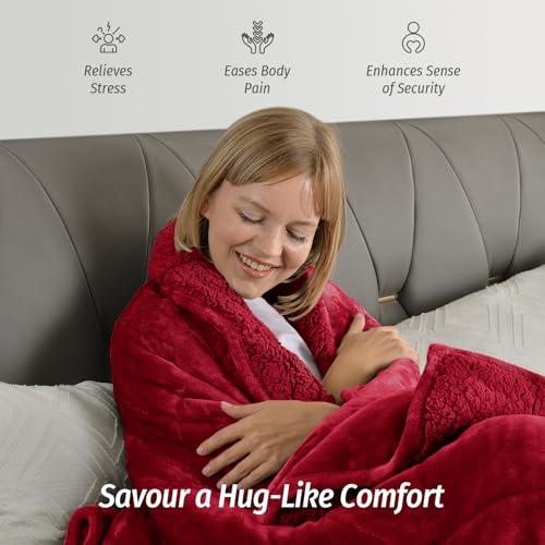 Wemore Sherpa Fleece Weighted Blanket for Adult, 15 lbs Dual Sided Cozy Fluffy Heavy Blanket, Ultra Fuzzy Throw Blanket with Soft Plush Flannel Top, 60 x 80 inches for Queen Burgundy on Both Sides