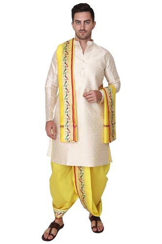 Image of Rameshwaram Fabrics Readymade Dhoti for Men, Velcro Style Stitched Mens Silk Dhoti Pant with Stole Set