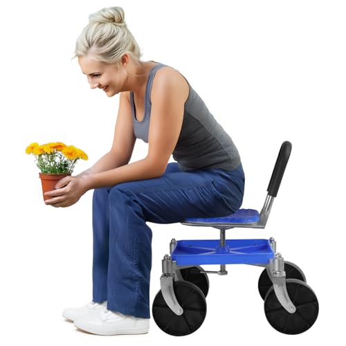 yulewiix Gartenstuhl mit Rädern, Rollsitz für Gartenarbeit, höhenverstellbarer Rollwagen für den Garten, um 360 Grad drehbarer Gartenhocker mit Werkzeugablage, Tragkraft 150 kg für Gärtner (Blau)