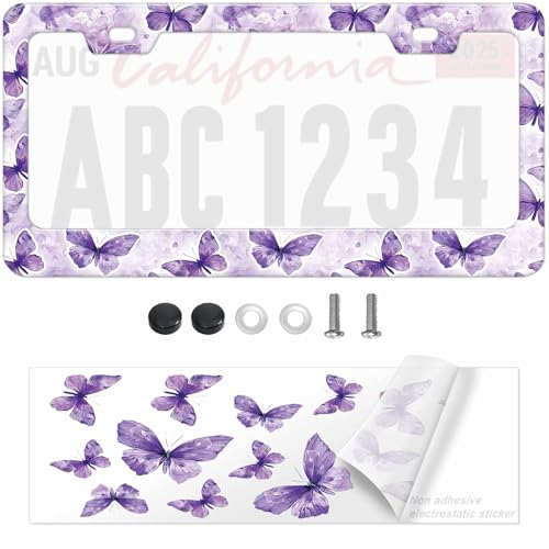 1pcs Purple Butterflies Pattern License Plate Frames - Car tag Frames Girly - License Plate Cover Holder for Vehicle with Vinyl Sticker