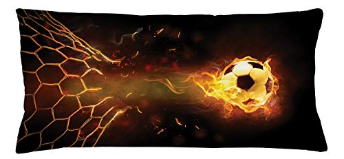 Lunarable Sports Throw Pillow Cushion Cover, Burning Football Breaking Through The Net Goal Win Victory Theme on Dark Backdrop, Decorative Rectangle Accent Pillow Case, 36