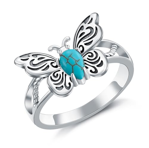 Butterfly Ring for Women 925 Sterling Silver Natural Turquoise Butterfly Ring Victorian Style Western Promise Statement Ring Turquoise Jewelry Gifts for Mom Wife