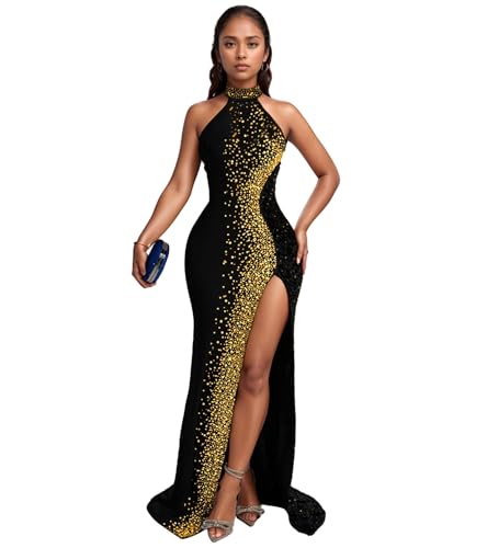 PORRCEY Women Sexy Elegant Sparkly Rhinestone Beaded Halter Hight Slit Bodycon Party Club Night Maxi Dress(Y1105,Gold,L)