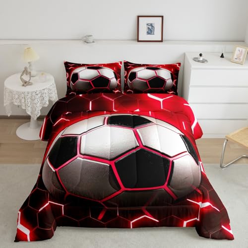 Erosebridal Football Comforter Set Twin for Boys Soccer Bedding Comforters & Sets,Red Neon Light Decor Duvet Modern Style Glowing Honeycomb Quilt Comforter 2pcs,Sports Themed Bedroom Decor