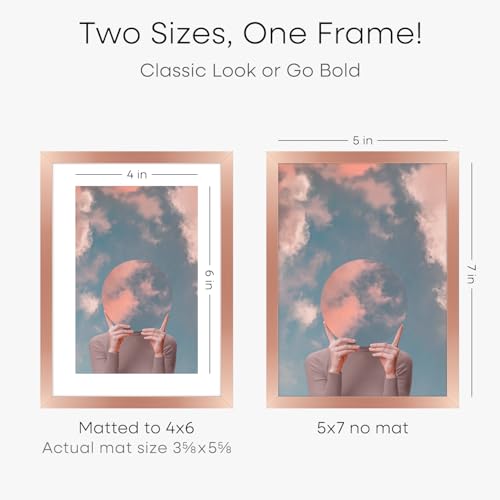 Image of Homeforia 5x7 Rose Picture Frame, High-End Metal, 4x6 Mat, Glass | High End Aluminum, Tempered Glass, Acid-Free 4x6 Removable Mat, 5x7 in Edge-to-Edge Display 7x5, Wall Kit, Set Of 2