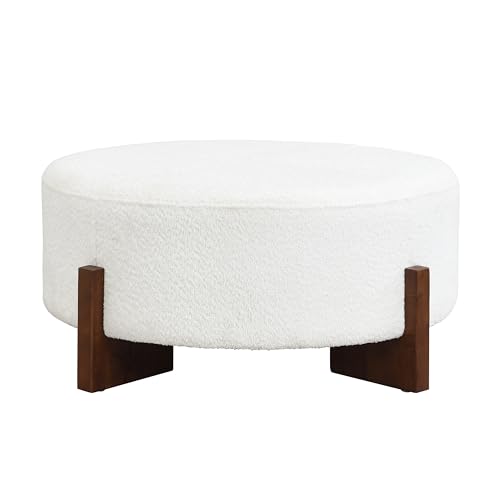 Christopher Knight Home Holmes Modern Boulce Upholstered Ottoman Coffee Table, Wooden Round Cocktail Ottoman, Large Living Room Sofa Footstool/Footrest, White+Walnut by Christopher Knight Home - Image 2