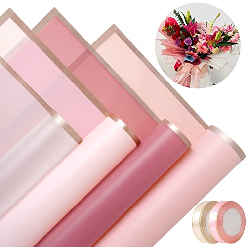 Kosotody 40 Sheets Pink Color Flower Wrapping Paper Gold Edge Waterproof Florist Bouquet Supplies Flower Paper for Bouquets DIY Crafts Packaging, 22.8x22.8 inch (Pink series)…