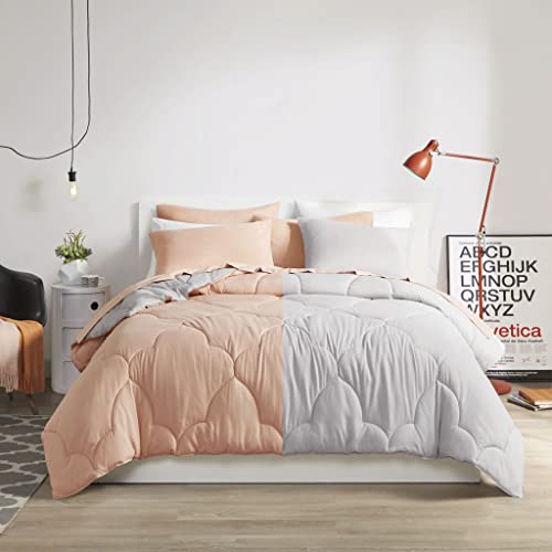 Image of Comfort Spaces Vince Reversible Bed In A Bag - Trendy Casual Geometric Quilted Cover, All Season Down Alternative Cozy Bedding, Matching Sham, Coral /Gray, Full 9 piece