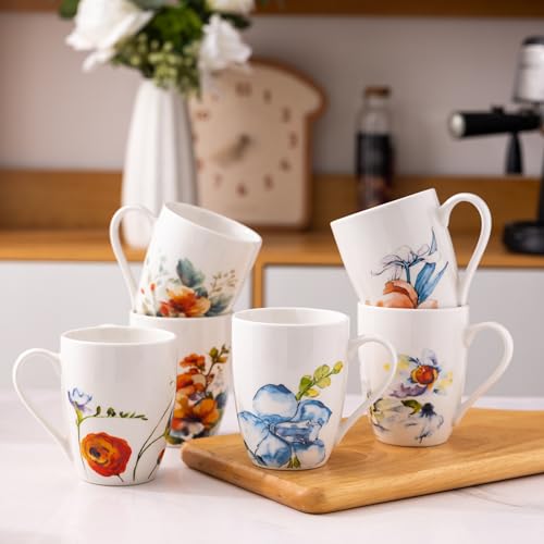 GBHOME 12oz Coffee Mugs Set fo 6, Ceramic Coffee Mugs with Decaled Flowers for Man Woman Mom Dad, Light Weight Coffee Mugs Set for Latte/Cappuccino/Cocoa/Milk, Dishwasher & Microwave Safe - Thumbnail 6