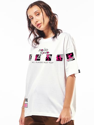 Image of Bewakoof X Squid Game Women's Cotton Jersey Graphic Print Oversized Fit Half Sleeve Round Neck T-Shirt | Casual wear | Streetwear | Oversized Tshirt for Woman Cotton| Baggy