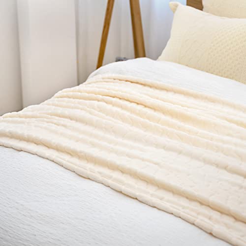 Cozy Bliss Fleece Bed Blanket Queen Size, Summer Quilted Beige Milk Fleece Ultra Soft Lightweight Plush Sofa White Throw Blanket,90"X90" #TOP2