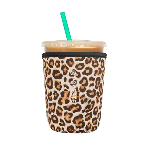 Image of Reusable Neoprene Insulator Sleeve for Iced Coffee & Cold Soda, Coffee Sleeves for Iced & Hot Drinks, Cold Beverage Cooler Compatible with Starbucks, Dunkin (Leopard, Small: 16-18oz)