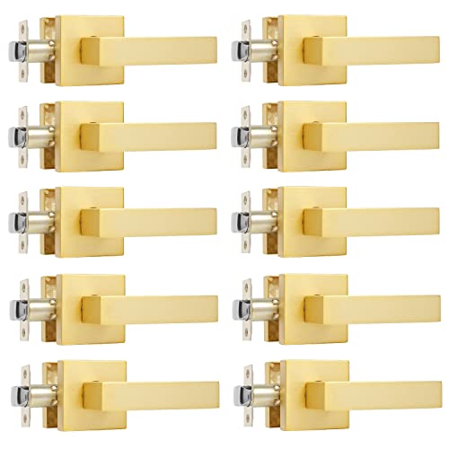 Leydebong 10 Pack Stain Brass Square Door Levers,Interior Passage Locks For Hall And Closet,Left/Right Handing,Modern Golden Door Handle #TOP15