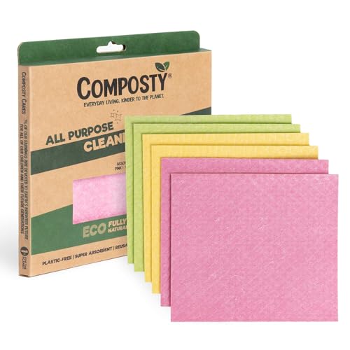 Composty® Paños de Cocina Sueca, compostables, 6 Unidades, Marca británica, Lavable y Reutilizable, de Larga duración, sin plástico, 70% celulosa, 30% algodón
