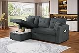 L-Shaped Pull Out Sleep Couch Bed Modern Reversible Sleeper Sectional Sofa Velvet Upholstered Corner Tufted Convertible Sofabed W/Storage Chaise, USB Ports, Side Pockets and Pillows for Living Room