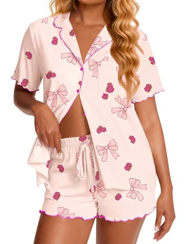 Image of Ekouaer Viscose from Bamboo Women Pajama Sets Button Up Cooling Pjs Short Sleeve Ruffle Sleepwear 2 Piece Lounge Shorts Set